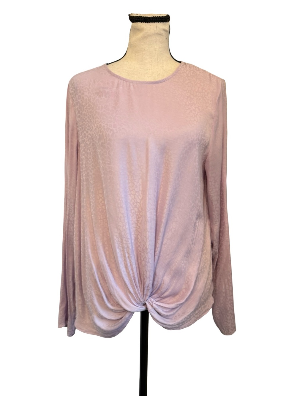 Nine West Lavender Satin Twist Front Blouse Medium Long Sleeve Animal Jaquered